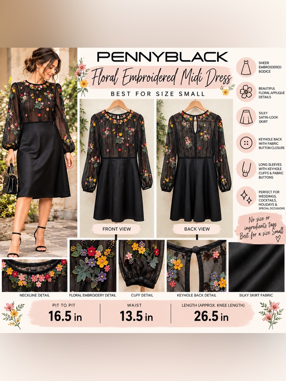 PENNYBLACK Black Floral Embroidered Sheer Knee Length Dress Women’s Best 4 Small